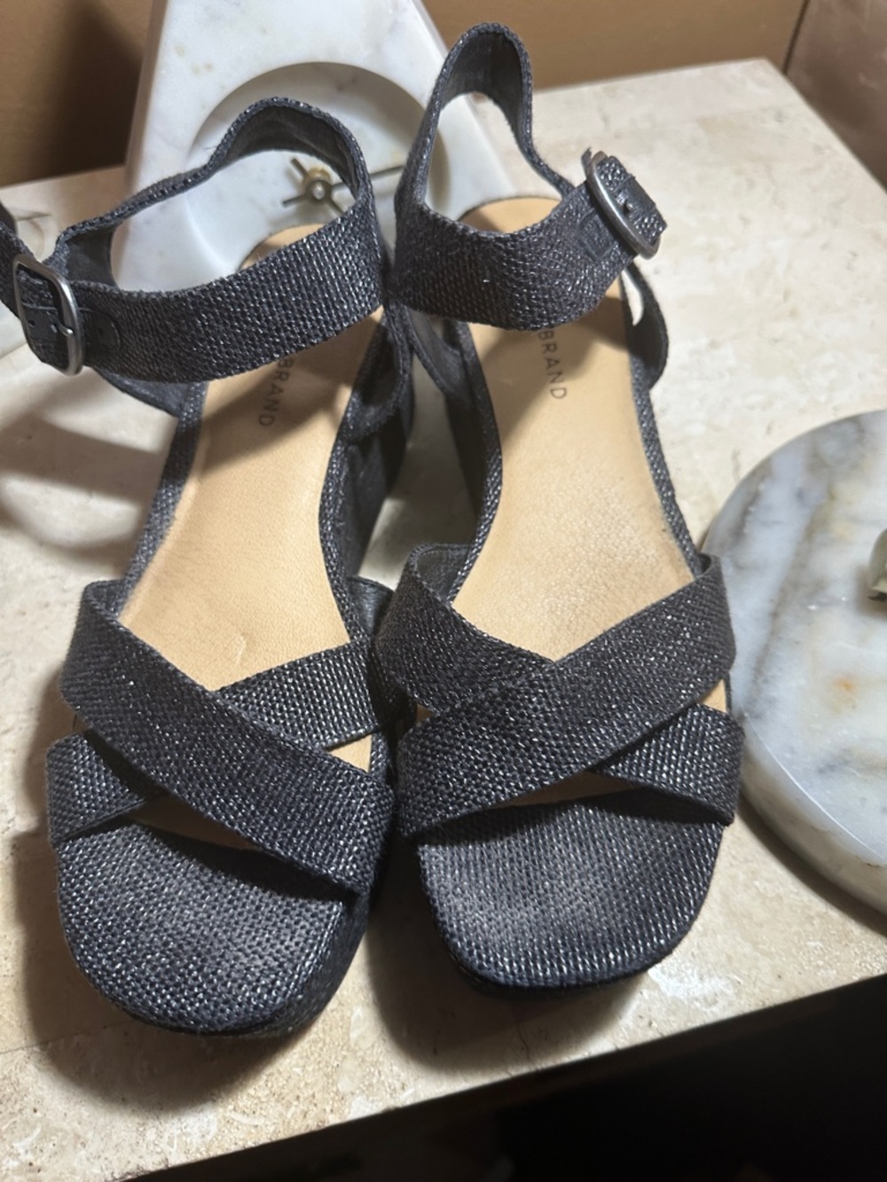 Lucky Brand Black Textured Ankle-Strap Wedge Sandals